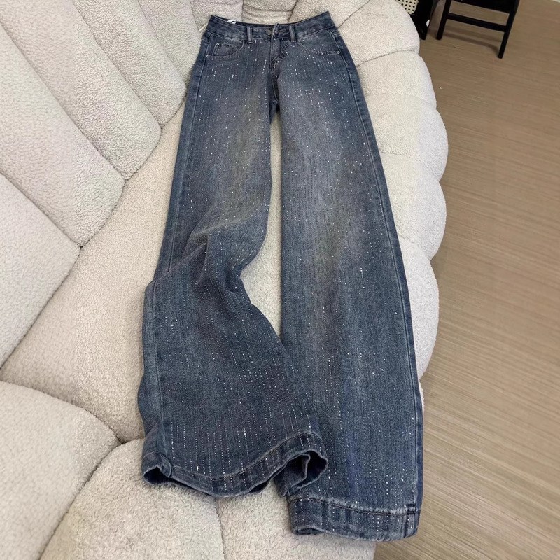 Women's Straight-Leg Loose-Fitting Jeans with Rhinestones, Wide-Leg Jeans with Drape Effect, Floor-Length Straight Pants for Women Women's Straight-Leg Loose-Fitting Jeans with Rhinestones, Wide-Leg Jeans with Drape Effect, Floor-Length Straight Pants for Women