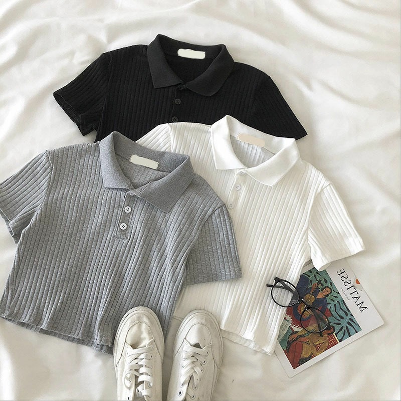 Girls' Summer Short Sleeve T-Shirt Baby Internet Famous Fashionable Children's Personality Trendy Korean Version Solid Color Pit Stripe Collar Polo Shirt 