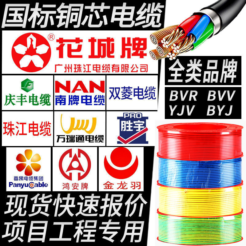 珠江电线国标铜芯2点5平方4线缆BVR家用BV4纯铜6软线2芯yjv电缆线