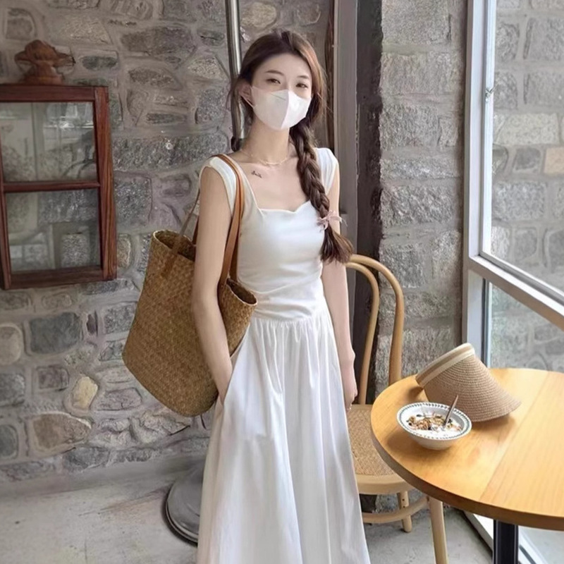 French Tea Tea White Square Collar dress Tight Waist Slimming Beautiful Seaside Vacation Temperament Vest Long Dress for Summer French Tea Tea White Square Collar dress Tight Waist Slimming Beautiful Seaside Vacation Temperament Vest Long Dress for Summer
