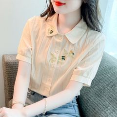 夏服 2025 新しいファッション綿シャツ女性のファッショナブルな綿半袖気質女性のシャツ刺繍トップ