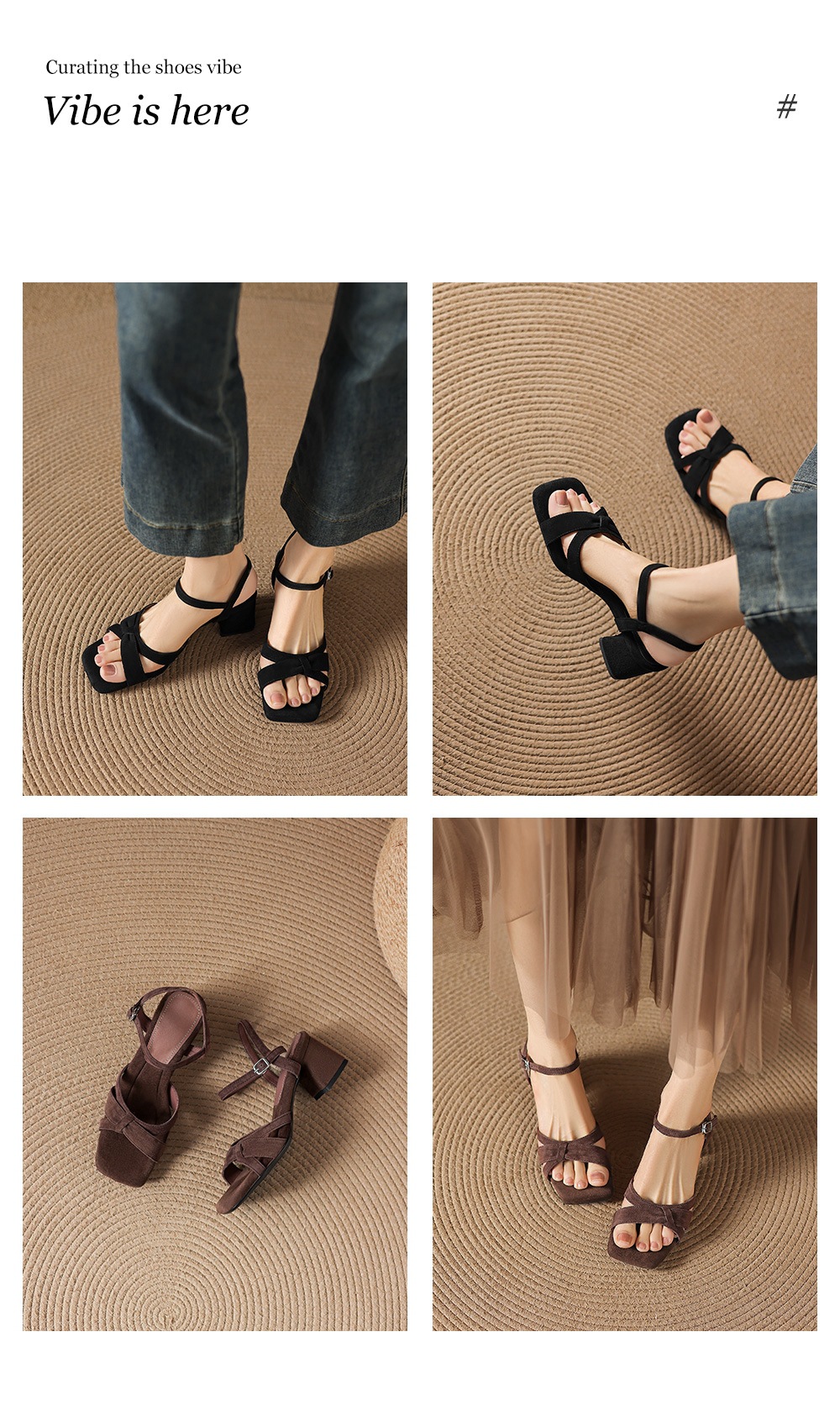 Sandal nữ mũi vuông hở ngón chân da lộn gót thấp quai ngang khóa một dây — màu nâu chi tiết 4