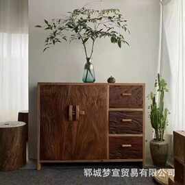新中式老榆木餐边柜客厅杂物储物柜靠墙实木斗柜茶室茶具收藏柜