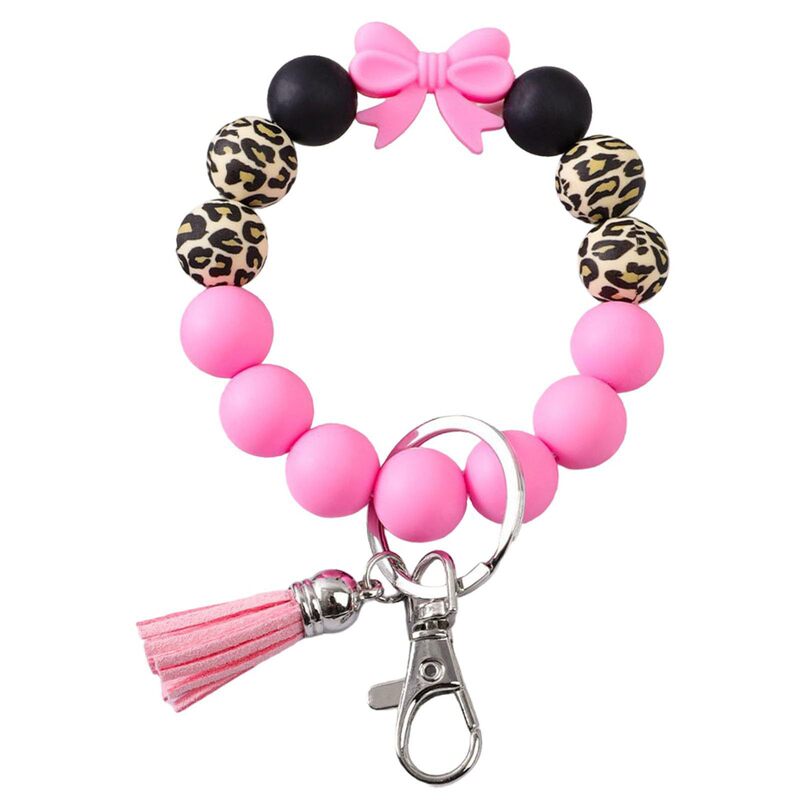 Pink bow keychain 15mm leopard print silicone bead tassel pendant accessory silicone bead bow keychain