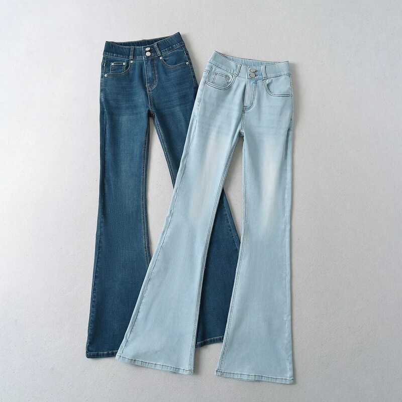 Spice Girl Cartoon Leg Double Buckle High Waist Hip Lifting Horn Jeans Women's Nipped Waist Full Hip Padded Tight Slimp Trousers