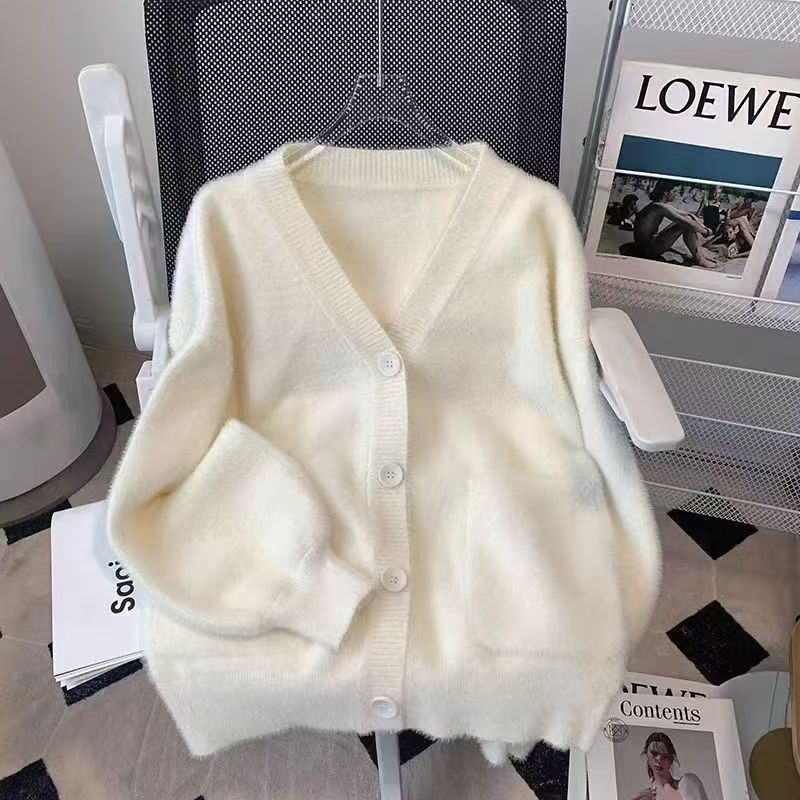 2025 New Cross-Border Autumn and Winter Imitation Mink Velvet Knitted Sweater Cardigan Fashionable Soft and Waxy Chic Design Jacket for Women