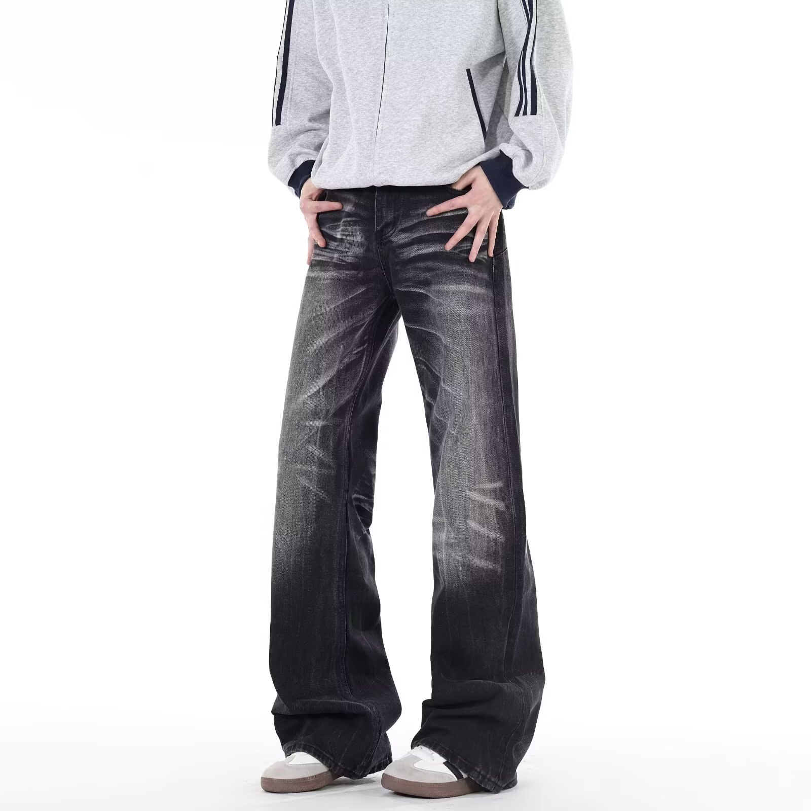 Men's Washed Black Bootcut Jeans Vintage Distressed Denim Pants_voghion.com