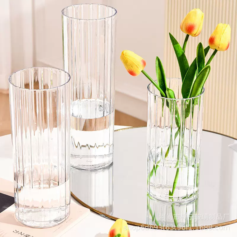 欧式鲜花竖条纹圆口玻璃花瓶ins风 透明插花玻璃瓶 摆件水培花盆