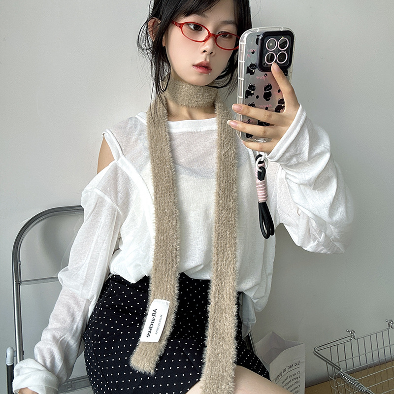 落池针织~欧美小众设计长窄小围巾女春秋季时尚纯色百搭装饰围脖