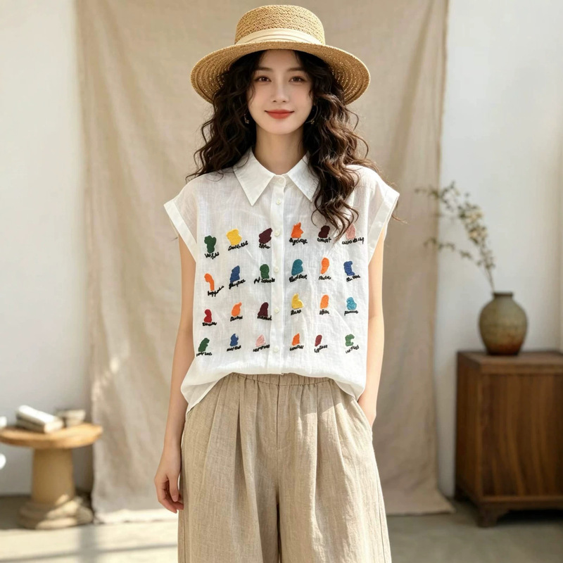 2026 Summer New Style Simple Color Block Embroidered Crochet Ramie Shirt Loose Lapel Cardigan Inner Top for Women