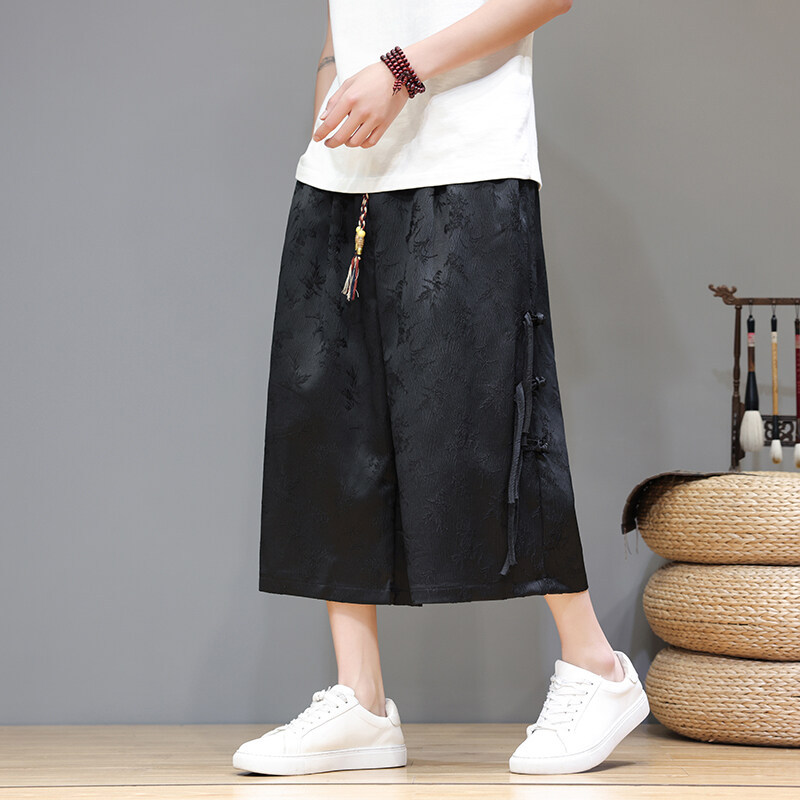 2025 Cropped Pants Men's Summer Thin Wide-Leg Straight Pants Chinese Style Large Size Jacquard Ice Silk Beach Pants Shorts