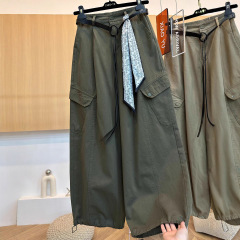 高质量 大码200斤欧货秋高级感大口袋宽松显瘦弯刀阔腿裤女工装裤