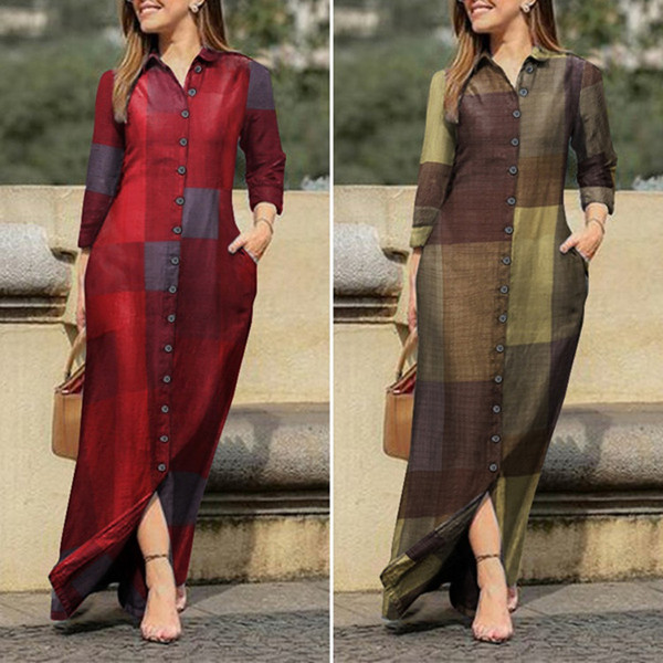 Women's holiday leisure lap lapel long flower printed cotton dress