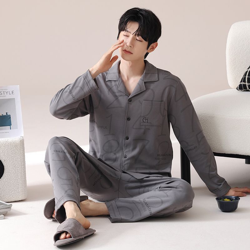 Pijamas de algodón juvenil primavera y otoño hombres Cardigan simple de manga larga relajado más ropa de hogar grande