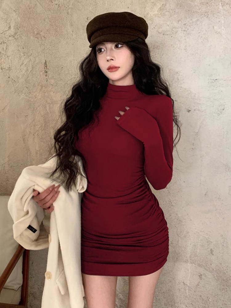 商品详情图_2024新款半高领打底长袖连衣裙女秋冬修身包臀性