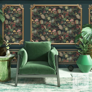 欧式3d石膏线墙纸法式轻奢印花梵高壁画墨绿色复古美式背景墙壁纸