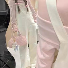 米白色卡通刺绣牛仔背带裤女2025新款高腰宽松显瘦设计感连体长裤