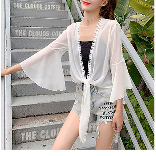 Korean women's loose knotted unbuttoned slim shirt sun protection top women's outer jacket women's bell sleeve cardigan trendy