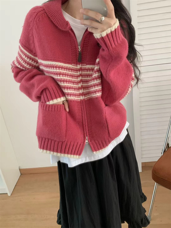 撞色条纹翻领毛衣外套女2025秋冬新款设计感宽松加厚针织开衫上衣|undefined