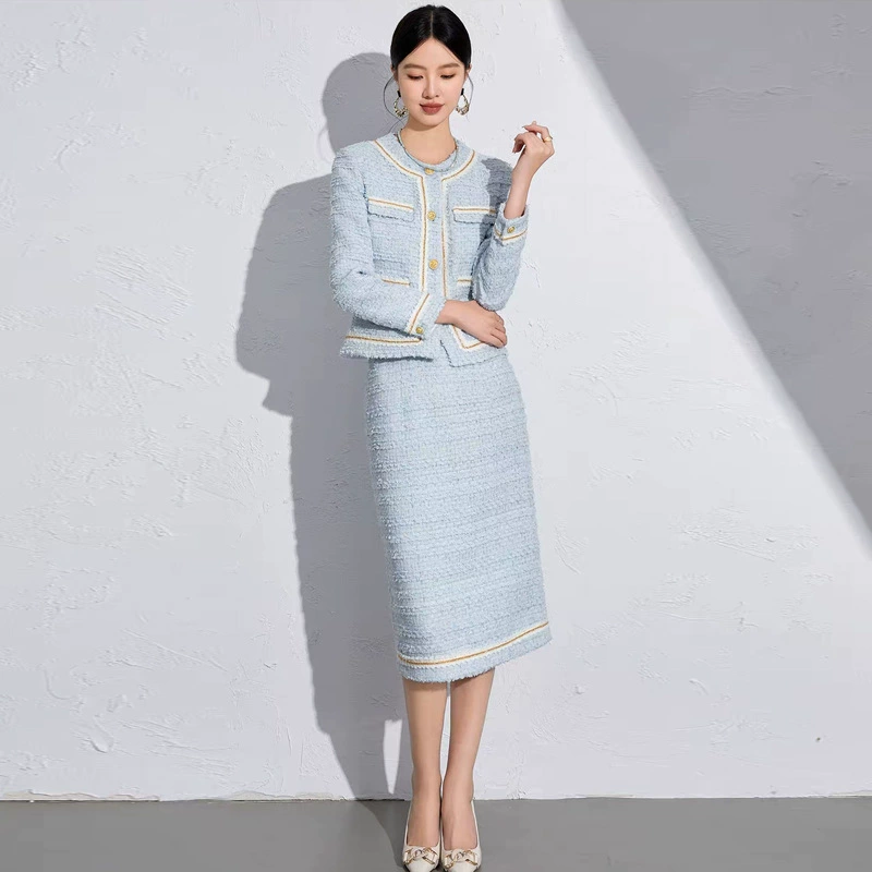Демисезонная модная синяя юбка, комплект, костюм по фигуре, стиль Chanel