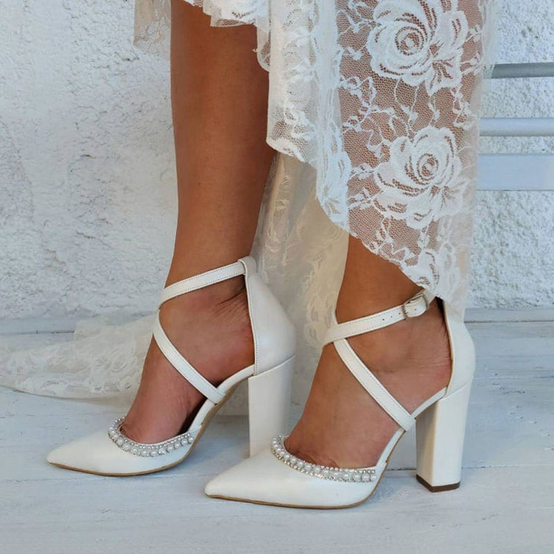Cross Border High Heels Pointed Toe Thick Heel Cross Strap Rhinestone Pearl Decoration White Wedding Bridal Shoes Banquet Women's Shoes 43