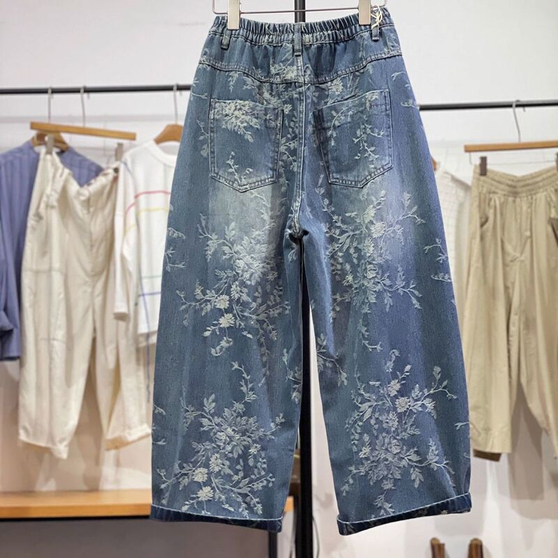 Vintage Ethnic Style Cropped Pants Summer New Half-Elastic Waist National Style Jacquard Niche Wide-Leg Jeans for Women