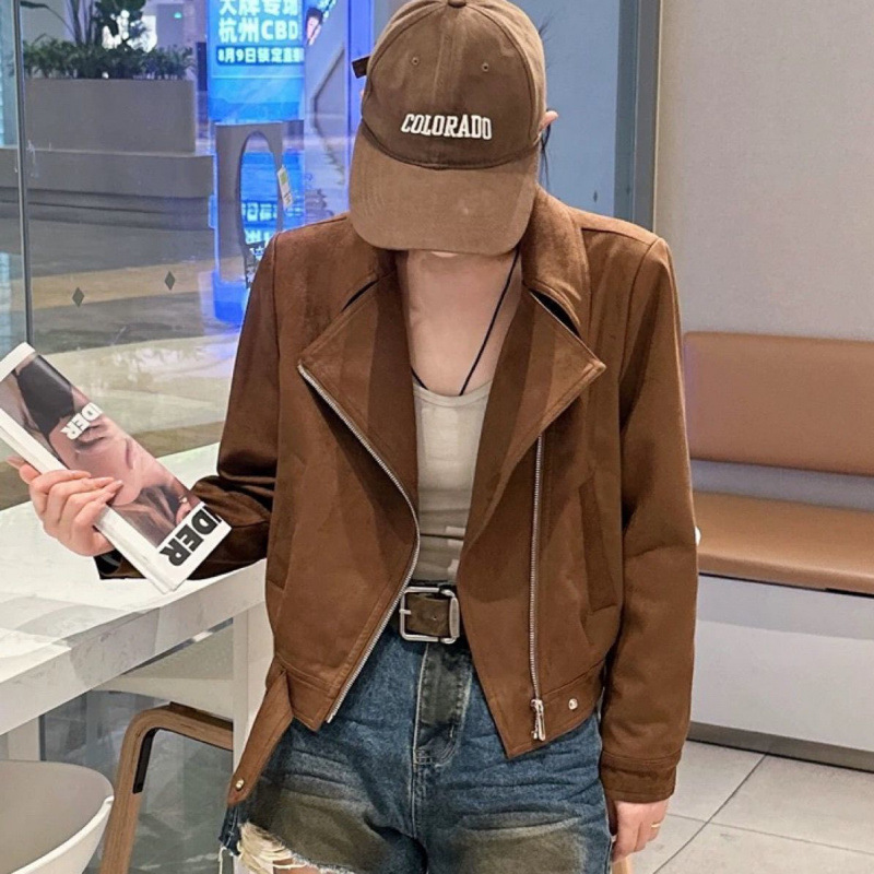 鹿皮绒外套女秋季新款感机车服小个子短款复古夹克上衣女|undefined