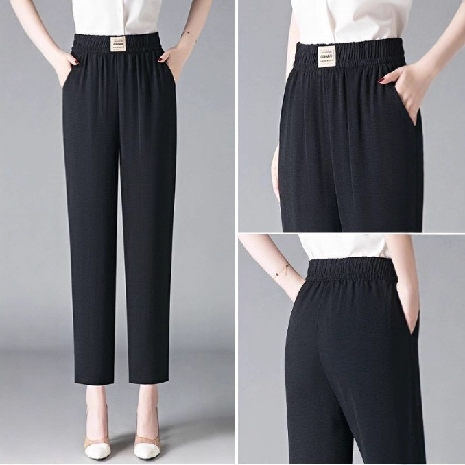 大码冰丝裤子女夏薄款高腰宽松直筒九分妈妈哈伦裤松打底中老年女