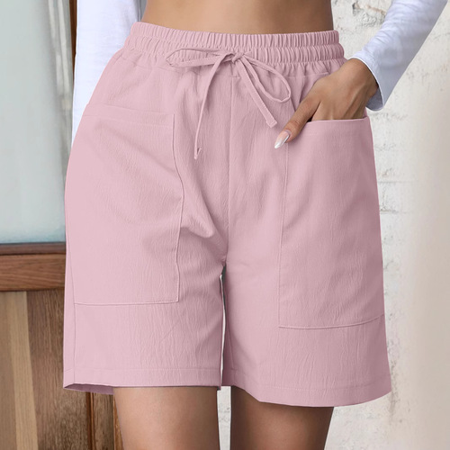 2025 European and American Cross-border Summer New Loose Linen Casual Short Pants with Pockets Solid Color Plus Size High-Waist Wide Leg Pants for Women