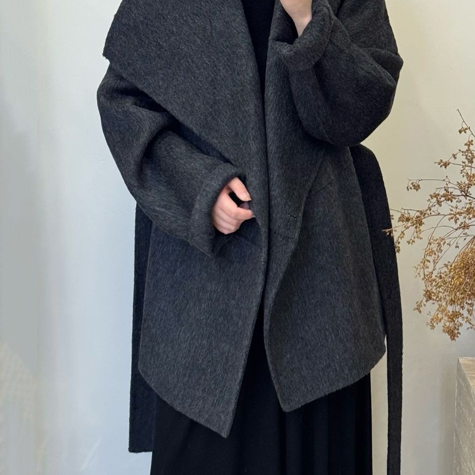 2025秋冬新款小个子双面羊绒大衣女气质大翻领宽松大码羊毛呢外套