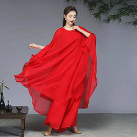 白色禅舞服古琴古筝演出服中国风仙气飘逸雪纺连衣裙禅意茶服三层