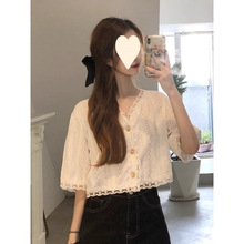 蕾丝衫女夏季2025新款设计感小众洋气镂空短袖开衫雪纺上衣外搭潮