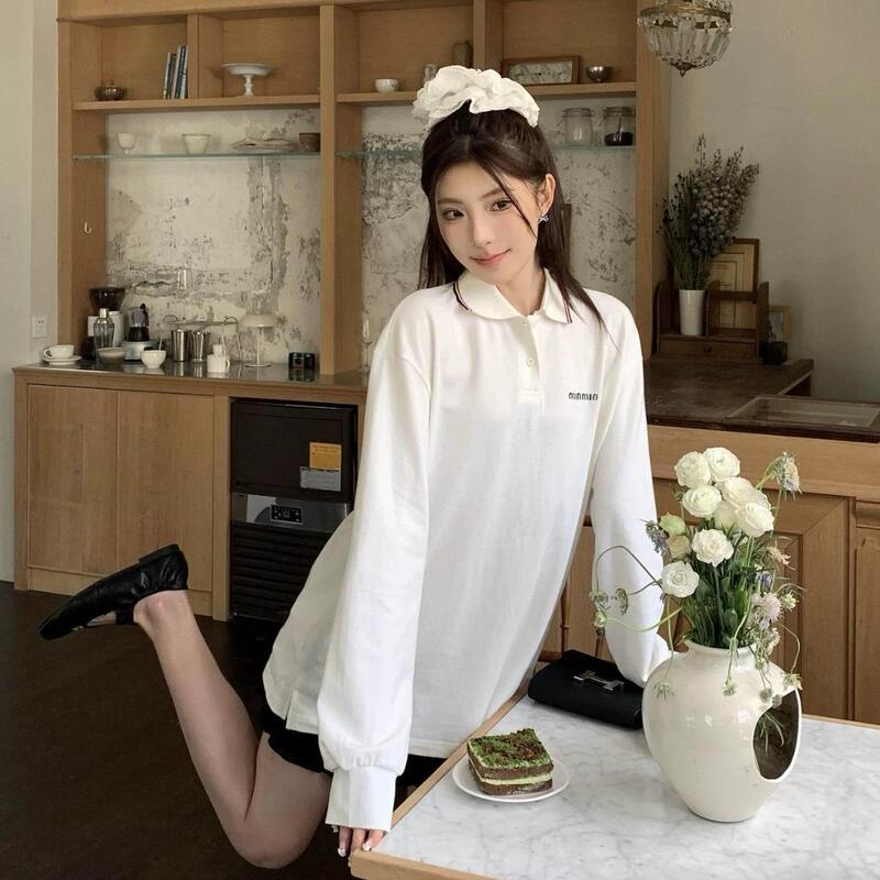 MIU系25SS新款纯色字母刺绣简约撞色翻领长袖宽松poloT恤上衣男女|undefined