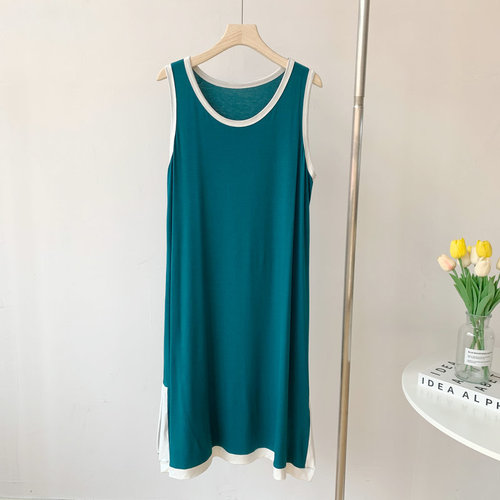 Women's Striped Sleeveless Modal Dress, Long-Sleeve Base Dress, Loose Plus Size Slimming Side Slit Sleepwear