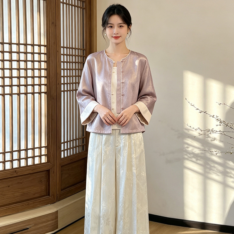 2026 New Chinese Style Autumn Classic Jacquard Small Round Neck Folded Sleeve Jacket Women's Suspender Wide-Leg Pants National Style Suit