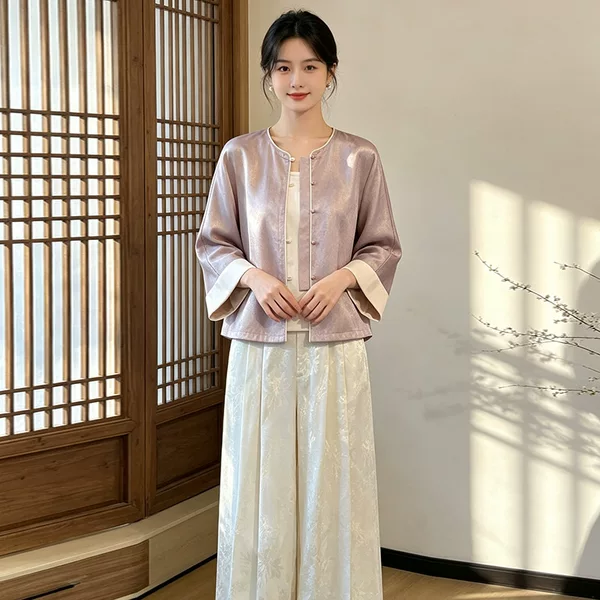 2026 New Chinese Style Autumn Classic Jacquard Small Round Neck Folded Sleeve Jacket Women's Suspender Wide-Leg Pants National Style Suit