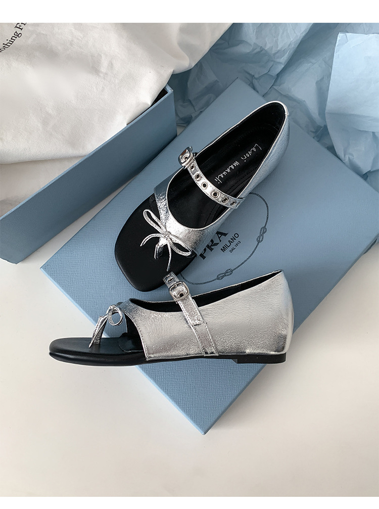 Sandal xỏ ngón đế bệt thiết kế độc đáo nơ bướm quai ngang La Mã — màu đen, màu mơ, bạc chi tiết 14