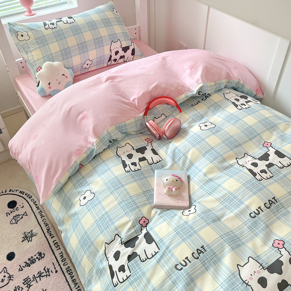 Juego de cama de dormitorio de estudiantes universitarios de tres piezas sábanas de algodón de algodón, funda de edredón, funda de edredón, juego de ropa de cama de seis piezas