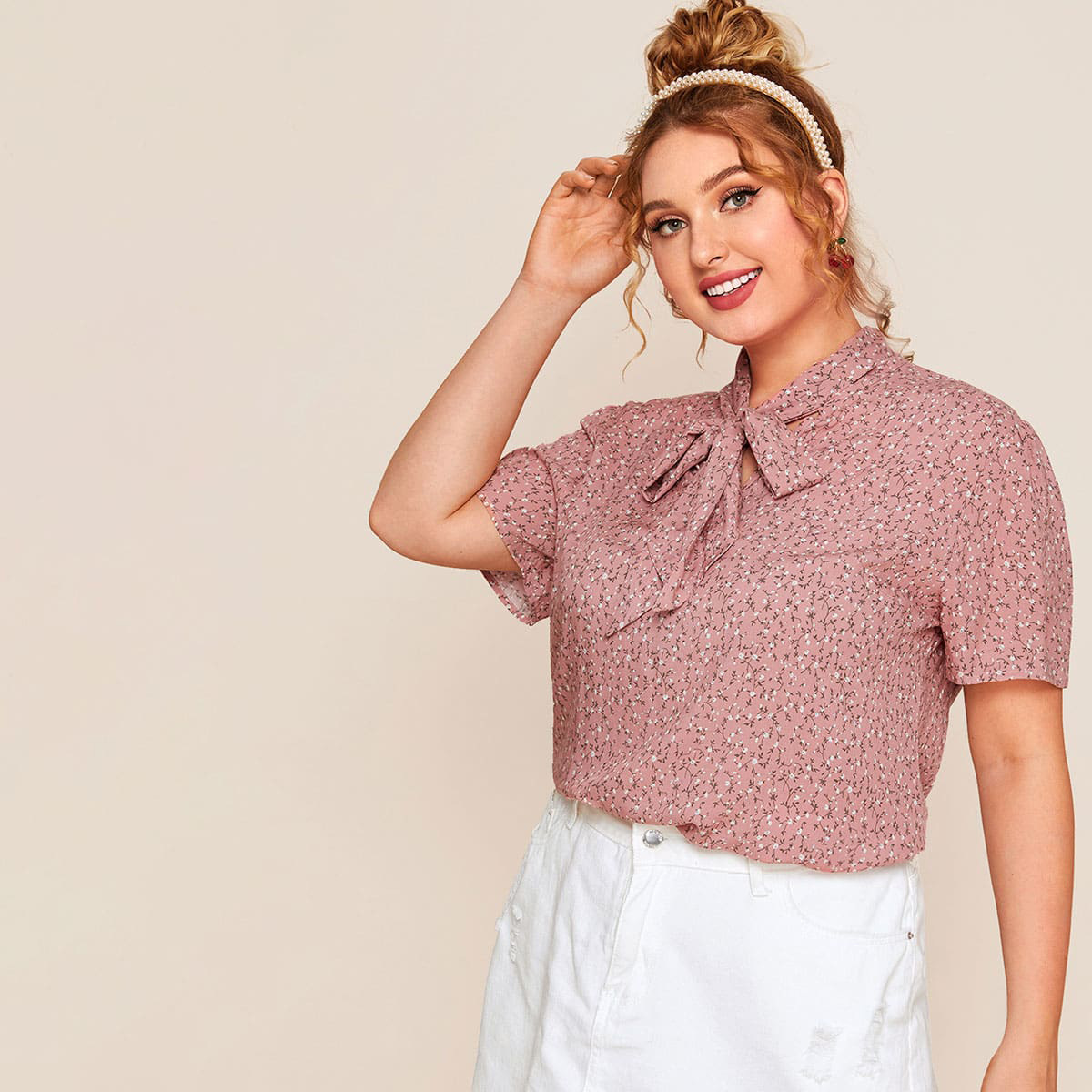 独立站热销爆款外贸大码女装上衣衬衫人棉印花领带设计