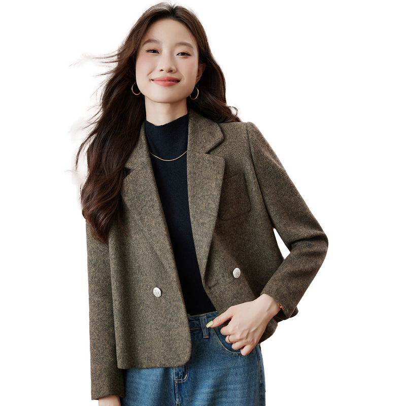 灰色羊毛呢西装外套女春秋2025新款高级感气质小个子短款女士西服|undefined