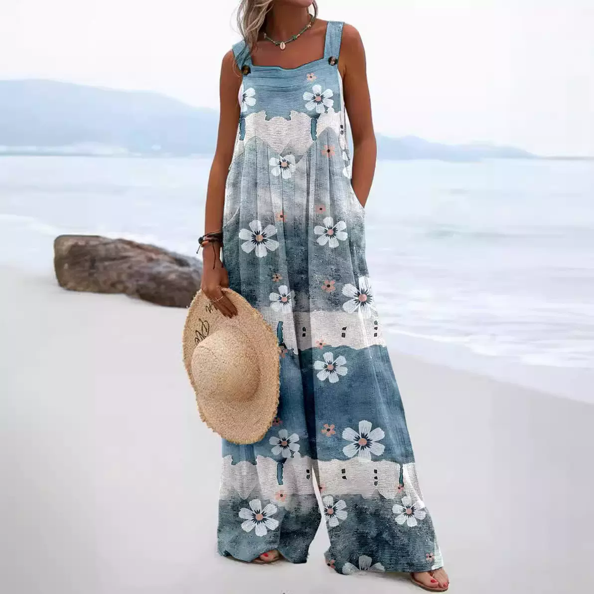 2024亚马逊欧美女装跨境夏季新款数码印花连衣裤时尚民族风纽扣