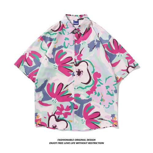Thai Hawaii floral print men's summer thin Hong Kong style INS trendy brand cool casual fashion half sleeve shirt