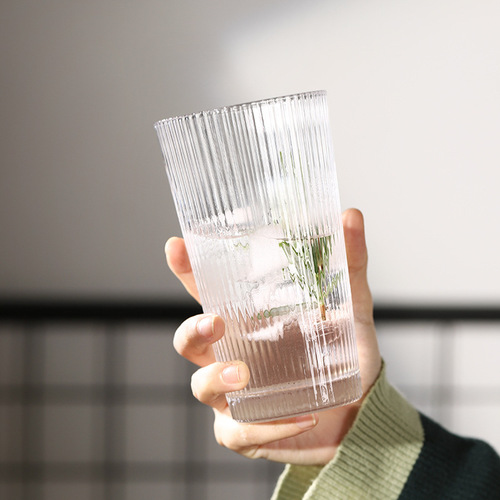 Ins-style glass cups, vintage cups, coffee cups, minimalist Japanese vertical striped water cups for women, fresh and cute