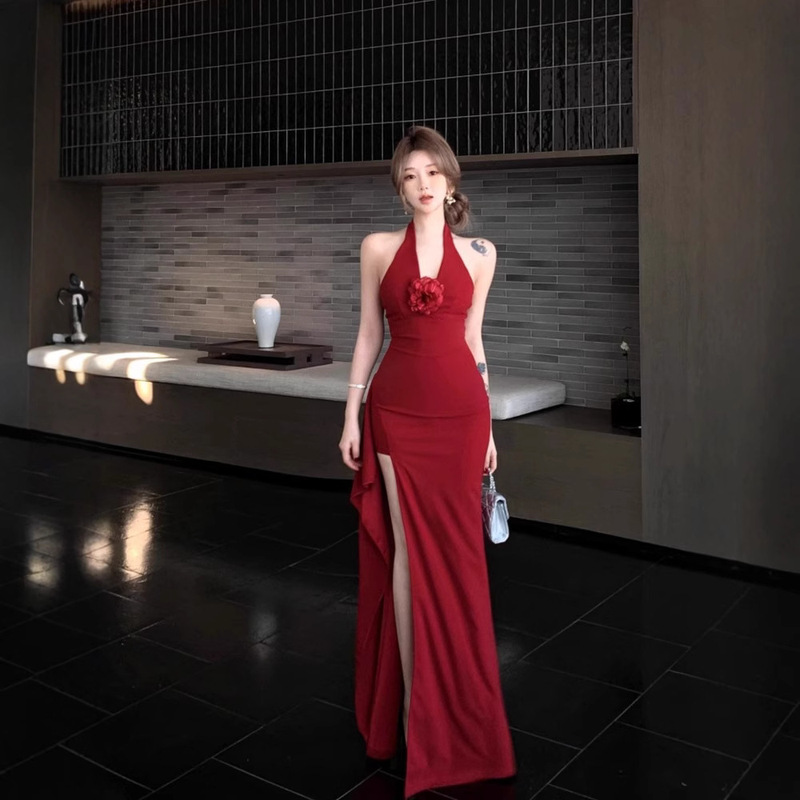 Three-dimensional Flower Red Neck dress Women's Summer Slim-fit Fashionable Long Dress Pure Desire Waist Split Hip Skirt