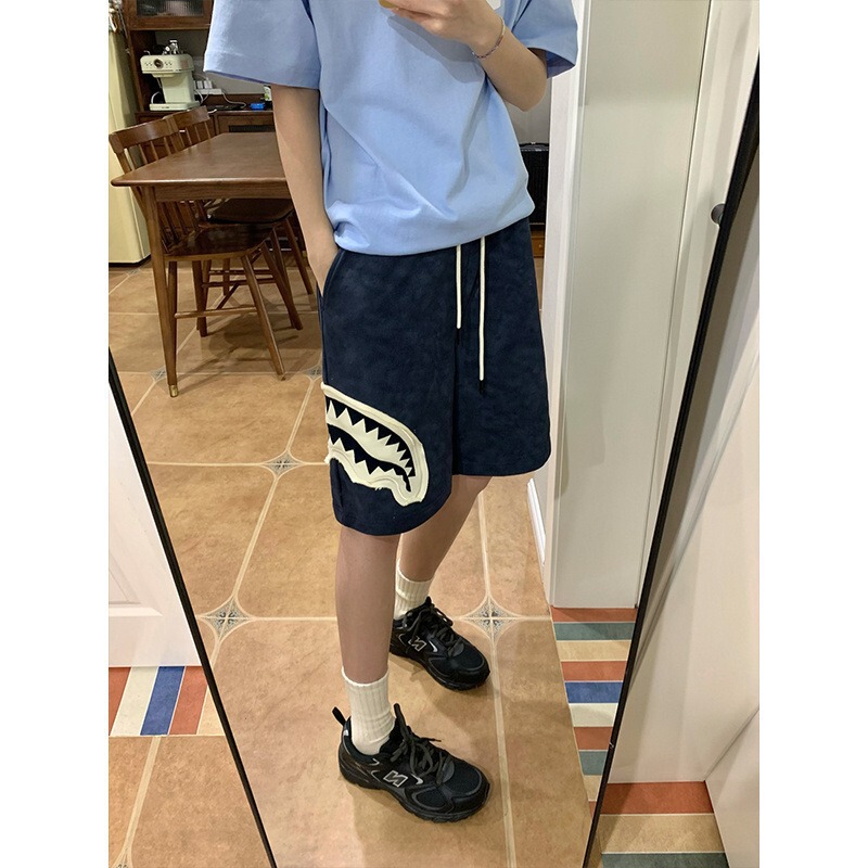 Summer Design Patchwork Shark Mouth Shorts for Men and Women American Trendy Loose Casual Mid-Length Shorts New Style