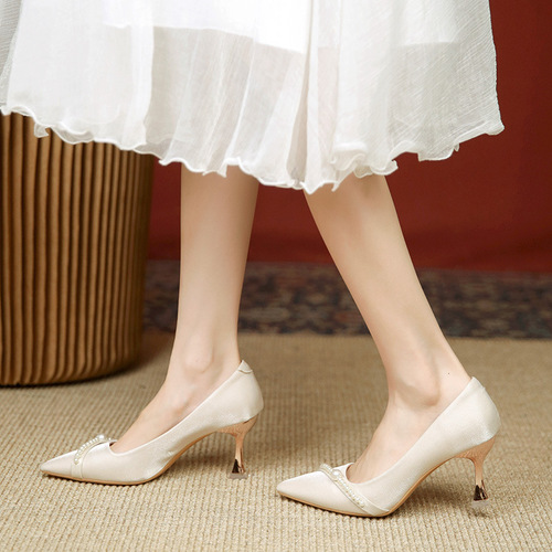 Stylish and Exquisite French Champagne Wedding Shoes for Women, Niche High-End, Elegant Pearl Adult Ceremony Guest Shoes, High Heels