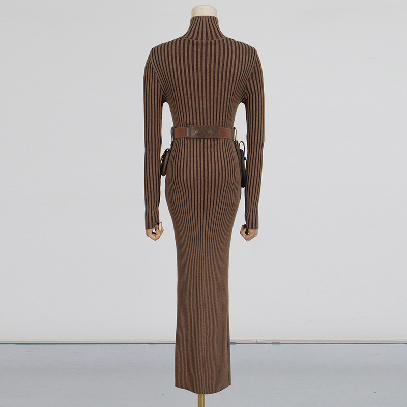 Long Dress Autumn Pocket Belt Design Waist Tight Slimming Knitted Dress Women