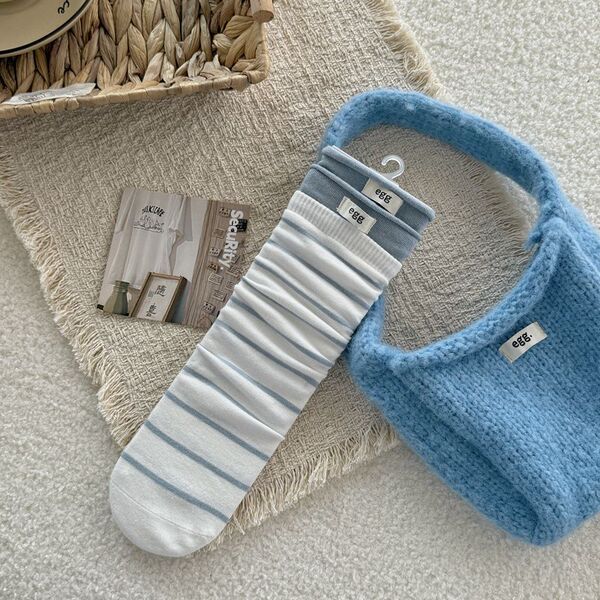 Striped Autumn and Winter Socks with Vintage Color-Blocking Fabric Labels, Ins-Style Ribbed Cuffs, Casual Mid-Calf Versatile Slouch Socks for Spring and Autumn