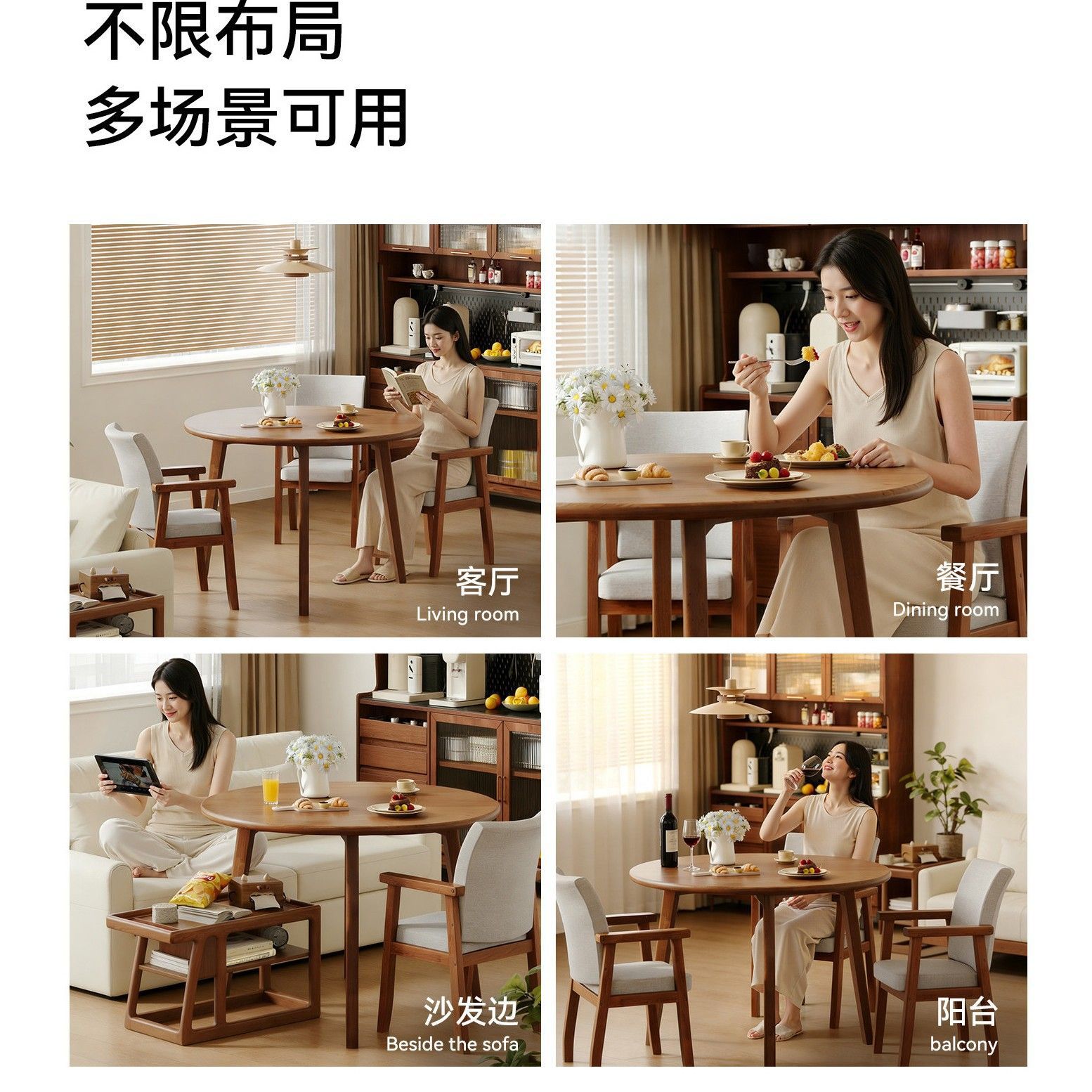 Mesa redonda de madera sólida, mesa redonda de comedor y silla combinada, mesa de té de balcón, mesa de té moderna y simple
