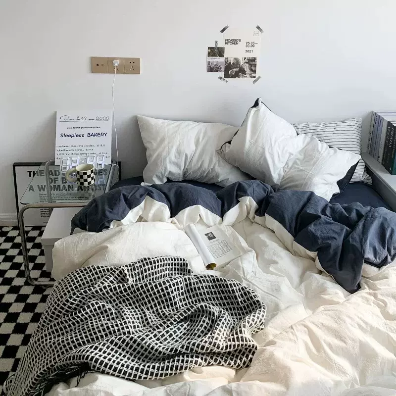 ins风四件套纯色双拼水洗棉床上简约床单被套被罩学生宿舍4三件套